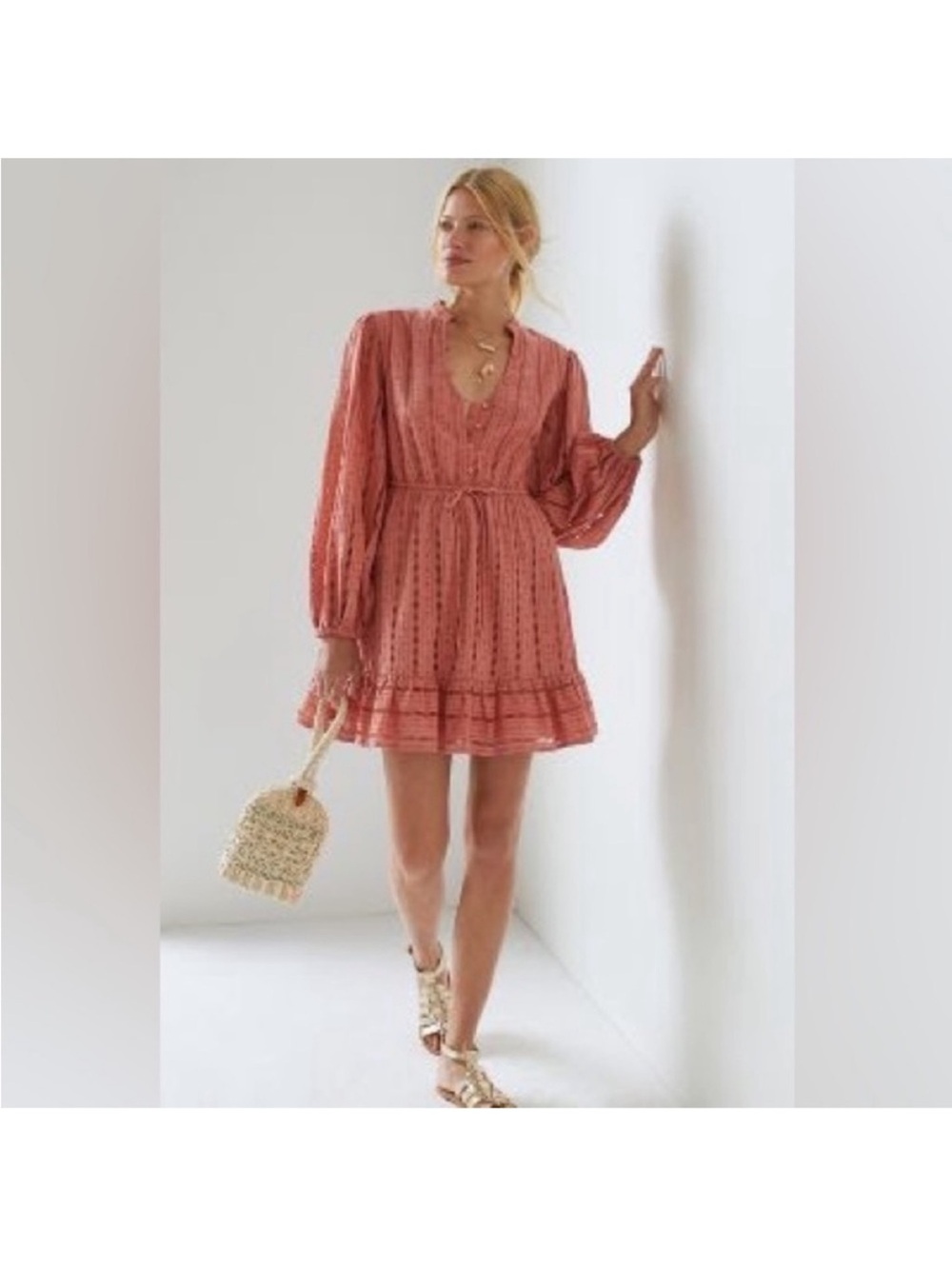 Anthropologie Forever That Girl Coral Eyelet 
V-Neck Mini Dres